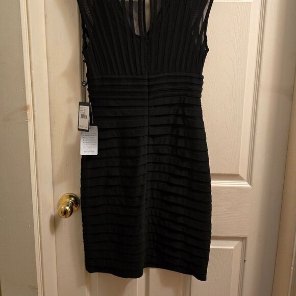 Adrianna Papell Shutter Pleat Jersey Sheath Illusion-Black Stripe Dress NWT - Picture 2 of 8